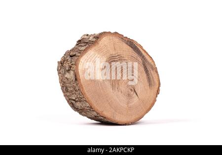 Forme irrégulière dalle bois avec écorce et les anneaux de croissance des arbres isolés, Banque D'Images