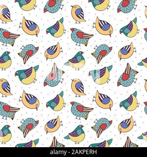 Modèle sans couture à la main avec les oiseaux dans le fond blanc. motif texture pour tissu, rétractable, textile, papier peint, vêtements. Illustration de Vecteur