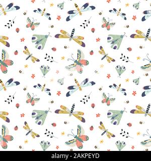 Modèle sans couture avec papillon, papillon, fleurs et libellule dans le fond blanc. motif texture pour tissu, papier peint,emballage, vêtements Illustration de Vecteur