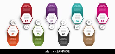 Avec l'infographie vectorielle 8 hexagones avec des étiquettes. Utilisé pour six diagrammes, graphique, organigramme, timeline, marketing, présentation. Creative business concept Illustration de Vecteur