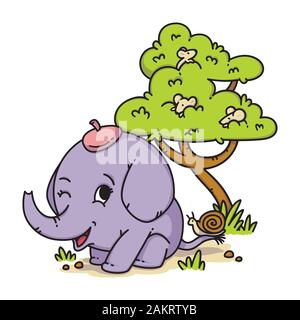 Éléphant dans un chapeau à queue sur l'Escargot et la souris sur un arbre. Cartoon animal vecteur de caractères illustration isolé sur fond blanc. Illustration de Vecteur