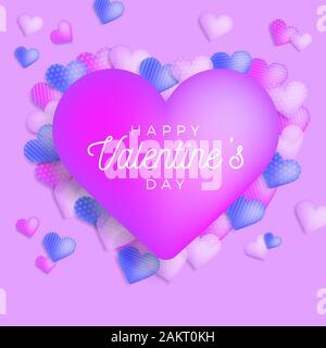 Happy Valentine Day greeting bannière avec félicitations sign in big pink forme de coeur. Vector illustration avec de nombreux coeurs multicolores dans la zone Illustration de Vecteur