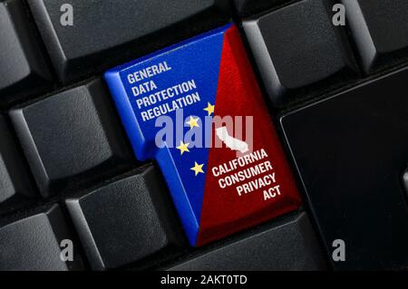 L'ACFPC PIBR et concept : un mot-clé noir avec une clé avec texte règlement général sur la protection des données et des consommateurs de la californie Loi sur la protection des renseignements personnels. Ce deux lois reg Banque D'Images