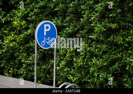 Acier inoxydable vide parking vélo rack avec un signe de parking à vélos avec une des plantes vertes sur un mur. Banque D'Images
