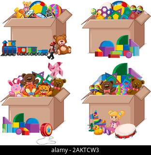 Ensemble de boîtes remplies de jouets sur fond blanc illustration Illustration de Vecteur