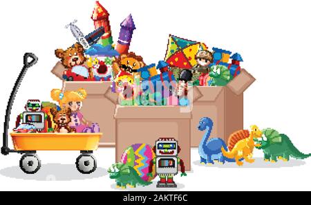 Tablette et boîte pleine de jouets sur fond blanc illustration Illustration de Vecteur