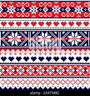 Fair Isle écossais traditionnel style knitwear seamless vector pattern, Shtelands rétro conception répétitives de tricot avec des flocons et les cœurs Illustration de Vecteur