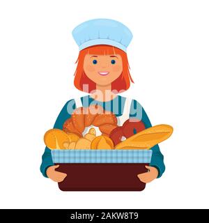 Girl Baker détient un panier avec du pain frais. Illustration vecteur de caractères sur fond blanc Illustration de Vecteur