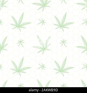 Vector hand drawn Vert feuilles de cannabis dans toute l'imprimé. Motif transparent jaune pastel et blanc sur fond d'abeilles. Parfait pour Illustration de Vecteur