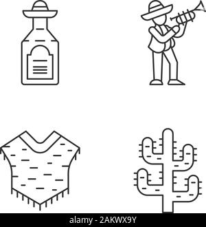 La culture mexicaine icons set linéaire. Boire, de la musique, des vêtements, des végétaux. Tequila, musicien, poncho, saguaro cactus. Fine ligne contour des symboles. Vecteur isolé Illustration de Vecteur