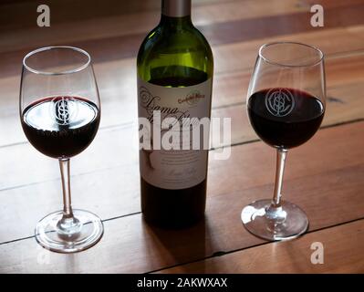 Deux verres et une bouteille de vin à partir de la Dama de Palacio Cousiño Macul vignoble, Santiago, Chili. Banque D'Images