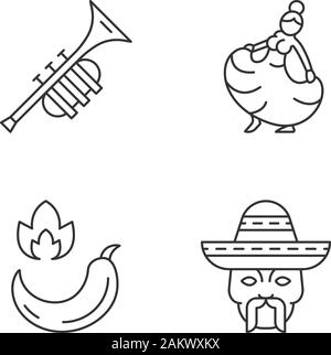 Linéaire mexicain icons set. La musique latino-américaine, de l'alimentation, les gens, la danse. Fine ligne contour des symboles. Illustrations vectorielles contours. Course modifiable Illustration de Vecteur