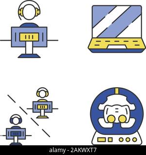 Couleur Esports icons set. Des jeux de l'environnement. Jeu vidéo multijoueur. Volant PC. Ordinateur portable Gamer. Joueur de jeu. Illustrations vectorielles Illustration de Vecteur
