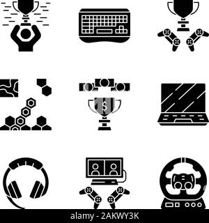 Glyphe Esports icons set. Gadgets et accessoires de jeu. La coupe du vainqueur. Jeu de stratégie. Matériel de joueur. Symboles de Silhouette. Vector illustration isolé Illustration de Vecteur