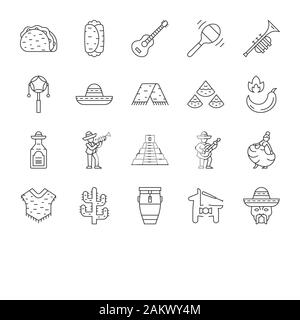 La culture mexicaine icons set linéaire. Le Cinco de Mayo festival. Cuisine mexicaine traditionnelle, instruments de musique, les gens, l'amusement. Fine ligne contour des symboles. Isola Illustration de Vecteur