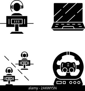 Glyphe Esports icons set. Des jeux de l'environnement. Jeu vidéo multijoueur. Volant PC. Ordinateur portable Gamer. Joueur de jeu. Symboles de Silhouette. Vector isolated Illustration de Vecteur