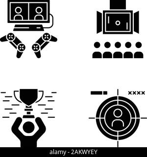 Glyphe Esports icons set. Des jeux de l'environnement. Jeu vidéo multijoueur. Diffusion de tournoi. Avec Champion Award. Jeu de tir à la première personne. Silhouette symbo Illustration de Vecteur