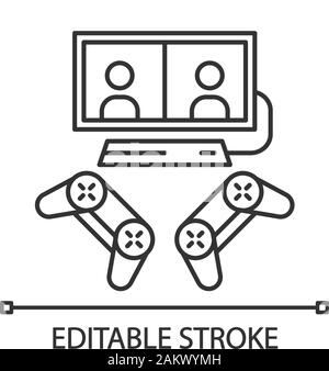 Jeux vidéo icône linéaire. Esports. La compétition pour deux joueurs. Des dispositifs de jeu. Partage de l'écran, les jeux multijoueurs. Fine ligne illustration. Symbole de contour. Illustration de Vecteur