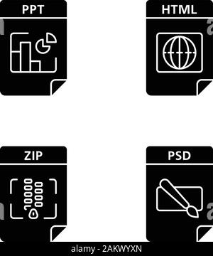 Format des fichiers icons set glyph. Présentation, page web, archives, fichiers image. PPT, HTML, ZIP, PSD. Symboles de Silhouette. Vector illustration isolé Illustration de Vecteur