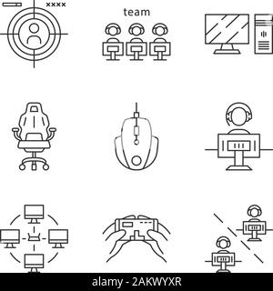 Icons set linéaire. Tournoi de jeu vidéo. Pour le joueur de jeu et d'équipe. La prise de vue. Les périphériques de l'ordinateur. Réseau local. Fine ligne contour des symboles. Isolé Illustration de Vecteur