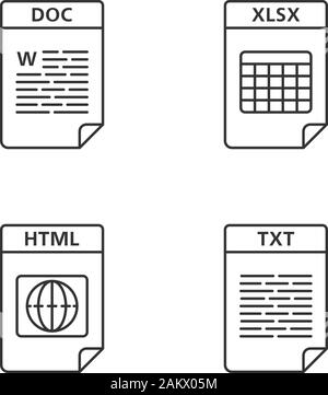 Format des fichiers icônes linéaire définie. Web texte et les fichiers de données. XLSX, DOC, HTML, TXT. Fine ligne contour des symboles. Illustrations vectorielles contours. Editab Illustration de Vecteur