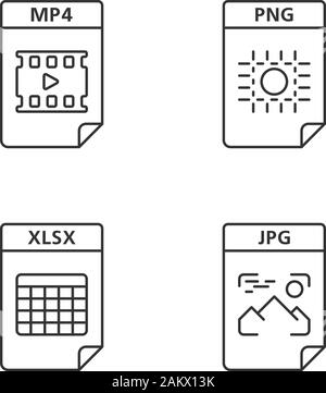 Format des fichiers icônes linéaire définie. Multimédia, image, des fichiers de type tableur. MP4, PNG, JPG, XLSX. Fine ligne contour des symboles. Grandes lignes vectorielles illustrat Illustration de Vecteur