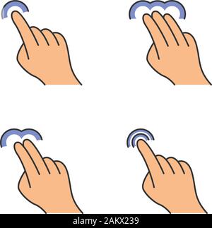 Les gestes de l'écran tactile couleur icons set. Touchez, pointer, cliquer, double-cliquer, glisser, double-cliquez sur les gestes. Touchez et maintenez-le. Les doigts. Vecteur isolé illu Illustration de Vecteur