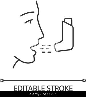 Inhalateur d'asthme icône linéaire. La thérapie de la maladie pulmonaire. L'inhalation. Formateur de respiration. Livraison de médicaments par voie orale. Fine ligne illustration. Symbole de contour. Illustration de Vecteur