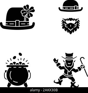 Saint Patrick's Day glyphe icons set. Symboles de Silhouette. Fête de la Saint Patrick. Les homoncules, chapeau melon avec trèfle à quatre feuilles, pot d'or. Vector isol Illustration de Vecteur