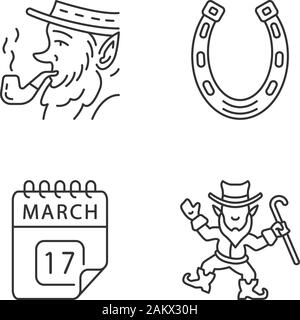 Saint Patrick's Day icons set linéaire. Fine ligne contour des symboles. Fête de la Saint Patrick. Les homoncules, fer à cheval, le 17 mars date du calendrier. Vecteur isolé Illustration de Vecteur