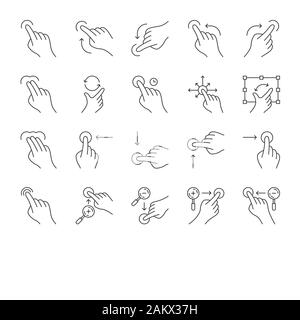 Les gestes de l'écran tactile icons set linéaire. Touchez, touchez point, 2x, 3x cliquez sur les gestes. Flick, geste de zoom. Faites défiler vers le haut, vers le bas. Faites glisser le doigt toutes les directions. Fine Illustration de Vecteur