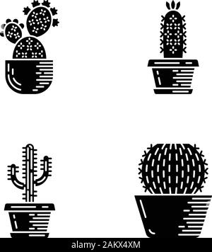 Chambre cactus dans pot glyphe icons set. Plantes Succulentes. Collection de cactus. Le figuier de barbarie, cactus hérisson, saguaro, cactus du fourreau. Symboles de Silhouette. Vecteur est Illustration de Vecteur