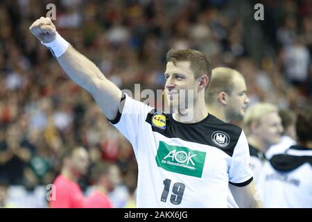 Berlin, Allemagne, 12 janvier 2019 : Martin Strobel, joueur de handball d'Allemagne, exulte lors d'un match de la coupe du monde de Handball pour hommes 2019 Banque D'Images