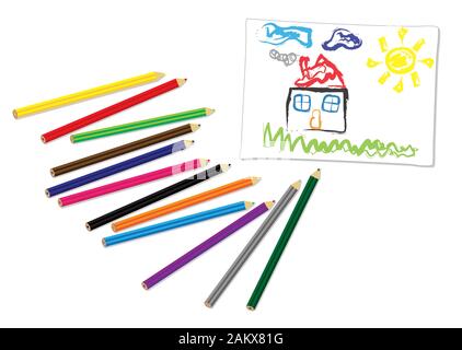 Dessin de style pour enfants sur papier blanc avec des tas de crayons colorés sur le côté Banque D'Images