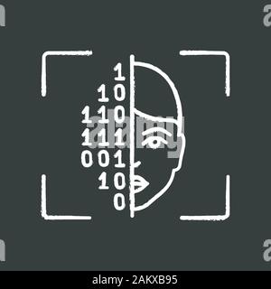 Procédure de numérisation face à l'icône de la craie. La reconnaissance faciale. L'authentification d'identité. Code binaire. ID Face logiciel de scan. Tableau Vecteur isolé illust Illustration de Vecteur