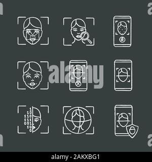 Craie de reconnaissance faciale icons set. L'identification biométrique. Analyse Empreinte en face, de numérisation, de rejet, de protection de l'environnement applications smartphones, 3d ID sca Illustration de Vecteur