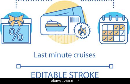 Last minute cruises concept icône. Agence de voyages idée fine ligne illustration. Des croisières. Les remises, les offres spéciales. Voyage, la planification de voyage. Billets Illustration de Vecteur