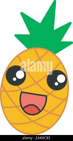 Kawaii cute ananas caractère vectoriel. Heureux et excité de fruit avec visage souriant. Rire de la nourriture. Emoji drôles, émoticône, sourire. Couleur caricature isolés Illustration de Vecteur