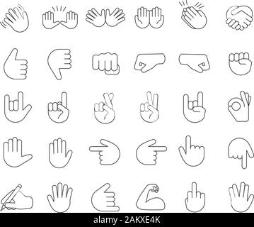 Geste main icons set linéaire émoticônes. Fine ligne contour des symboles. Pointer du doigt, les poings, les paumes. Les médias sociaux, réseau des émoticônes. Symboles de la main. Isolat Illustration de Vecteur