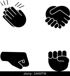 Geste de la main émoticônes glyphe icons set. Applaudissements, félicitations, handshake gesticulant. Poing levé et droit. Symboles de Silhouette. Vector illust isolés Illustration de Vecteur