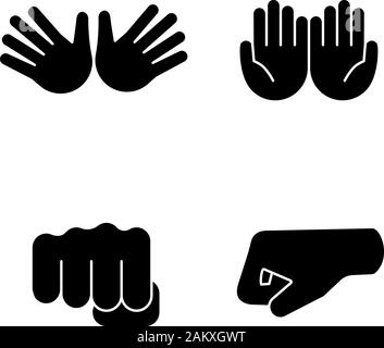 Geste de la main émoticônes glyphe icons set. Jazz, hug, mendicité gesturing, poinçonnage de poings. Rondelles et ouvert les paumes. Symboles de Silhouette. Vector illust isolés Illustration de Vecteur