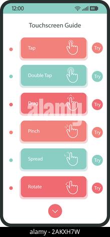 Guide de l'interface écran tactile mobile vecteur modèle. Application de navigation Smartphone télévision l'assurance-chômage. Page d'instructions de l'écran tactile blanc design mise en page. Touchez, faites glisser, Illustration de Vecteur