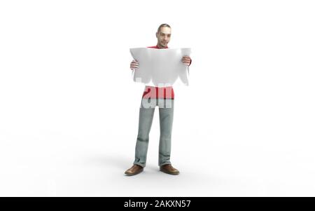 rendu tridimensionnel d'un homme tenant une lecture de journal isolée sur blanc. Banque D'Images