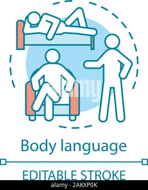 Le langage du corps icône concept. Convaincu des postures, positions, pose. Homme debout, assis ou couché. Le mouvement du corps et des gestes idée fine ligne illustra Illustration de Vecteur