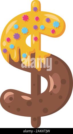 Donut cartoon vector illustration symbole dollar. Biscuit caractères gras. Vitrage bold signe mathématique avec du glaçage. Tentant télévision design typographie. Les Cookies, Illustration de Vecteur