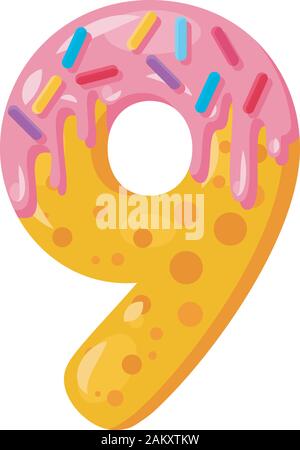 Donut cartoon vector illustration numéro neuf. Biscuit style de police. Vitrage symbole gras avec du glaçage. Tentant télévision design typographie. Les Cookies, waffle mat Illustration de Vecteur