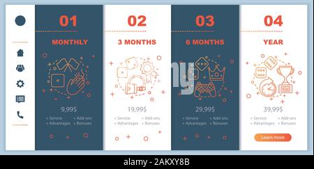 Jouer en ligne l'intégration des frais d'adhésion avec les écrans de l'application mobile service prix. walkthrough pages modèles. VR, ordinateur, jeux de hasard. Tarif Illustration de Vecteur