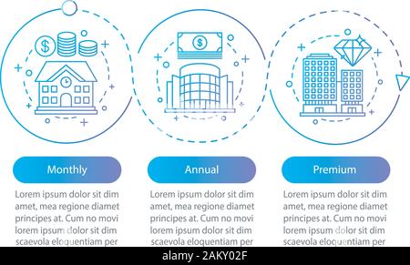 Location de bureau plans tarifaires vector infographic template. Propriétés à louer. Mensuelle, annuelle, abonnement premium. La visualisation de données avec trois étapes d'une Illustration de Vecteur