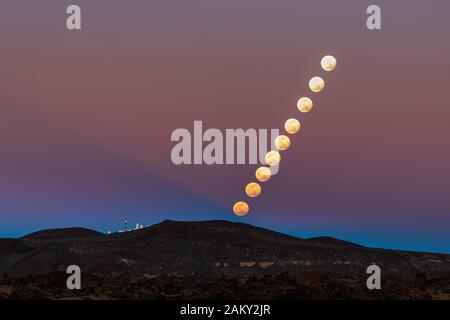 Tenerife, Îles Canaries, Espagne. 10 Janvier 2020. Séquence pleine lune de montée créée dans l'appareil photo à l'aide de la fonction d'exposition multiple de l'EOS R. Moon Canon qui monte au-dessus du bord du cratère et des télescopes du Centre d'astrophysique Anaza dans le Parc National de Las Canadas del Teide. Banque D'Images