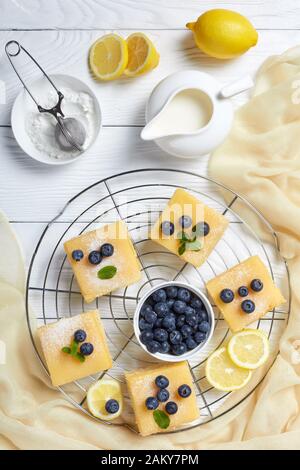 Carrés de pain court au citron fraîchement cuits, accompagnés de sucre glace, de bleuets frais sur une grille métallique sur une table en bois blanc Banque D'Images